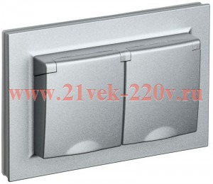 Розетка 2х2P+E Schuko шторки с крышкой 2-я16А IP44 IEK BRITE алюминий в сборе (РСбш12-3-44-БрА)