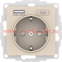 Зарядка розетка с/з 16А + USB A+С 5В/2,4А/3,0А, 2х5В/1,5А SE AtlasDesign, бежевый