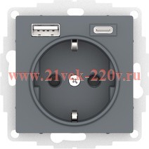 Зарядка розетка с/з 16А + USB A+С 5В/2,4А/3,0А, 2х5В/1,5А SE AtlasDesign, грифель