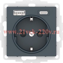 Зарядка розетка с/з 16А + USB A+С 5В/2,4А/3,0А, 2х5В/1,5А SE AtlasDesign, изумруд