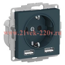 Зарядка розетка с/з 16А + USB A+A 5В/2,4А, 2х5В/1,2А SE AtlasDesign, изумруд