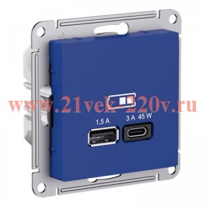 Розетка USB AtlasDesign тип A+C 45Вт высокоскор .заряд. QC PD механизм аквамарин SE ATN001129