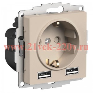 Зарядка розетка с/з 16А + USB A+A 5В/2,4А, 2х5В/1,2А SE AtlasDesign, песочный