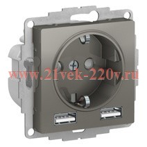 Зарядка розетка с/з 16А + USB A+A 5В/2,4А, 2х5В/1,2А SE AtlasDesign, сталь