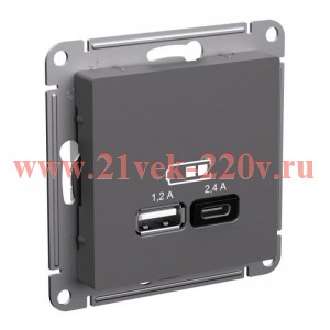 Зарядное устройство USB тип A+С 5В/2,4 А 2х5В/1,2 А, SE AtlasDesign, базальт