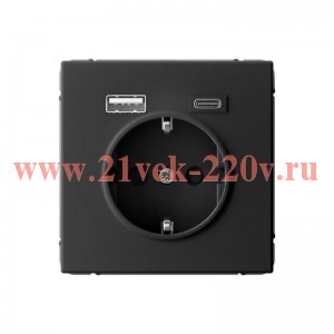 Зарядка USB с розеткой 2P+E ArtGallery тип-А и тип-C 5В/2,4А/3,0А, 2х5В/1,5 карбон Systeme Electric