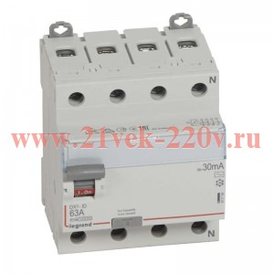 ВДТ DX3 4П 63А AC 30мА N справ LEGRAND