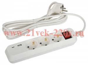 Удлинитель 3х3м с заземл. 10А +1xUSBA+1xUSBC с выкл. UB-3es-3m-USB Эра Б0052898