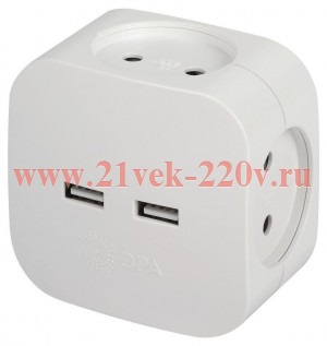 Разветвитель электрический SP-4-USB-W на 4 розетки 220В+ 2xUSB 2400мА без заземл 10А бел. Эра Б00495