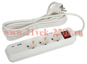 Удлинитель 3х5м с заземл. 10А 1xUSBA+1xUSBC с выкл. UB-3es-5m-USB Эра Б0052899