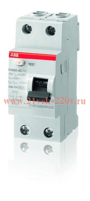 УЗО ABB FH202 AC-25/0,03 2-х полюсное тип AC 25A 30mA 2 модуля