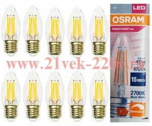 Лампа филаментная свеча Osram PARATHOM CL B40 4,8W/827 DIM 230V CL E27 470lm