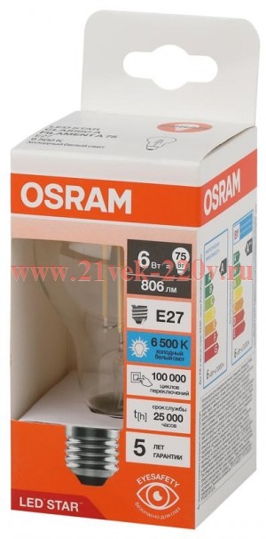 Лампа филаментная Osram LED STAR CL A75 6W/865 CL E27 230V