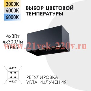 Светильник FL-LED WallBeam-H-UD006-2 4x3W-UP/DN 0-120°CCT-3000K+4000K+6000K 200x100x100 BK IP65 наст