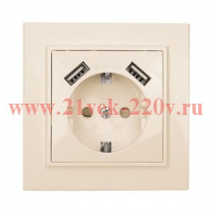 Розетка 1-м СП Минск 16А защ. шторки с заземл. с 2 USB 2.1А беж. EKF ERR16-028-200-2USB