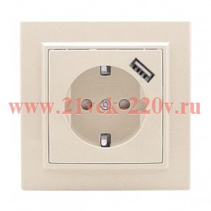 Розетка 1-местная СП с/з Минск 16А бежевая с защ. штор. с USB 1А EKF