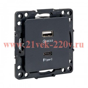 Механизм розетки с 2USB type-A + type-C Стокгольм черн. PROxima EKF EZR-2USB-type-C