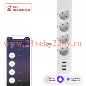 Удлинитель с управлением по Wi-Fi PRO 4х1.8м + 3хUSB с выкл. HomeConnect EKF RCE-2-WF