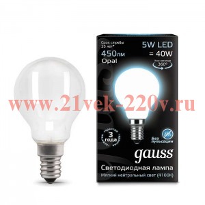 Лампа светодиодная филаментная Gauss Black Filament шар P45 5W 4100К 450lm E14 OPAL