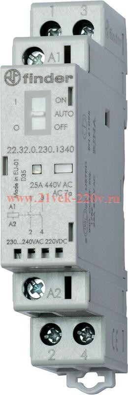 Контактор модульный 2NO 25А AgSnO2 24В AC/DC 17.5мм IP20 опции: мех. индикатор + LED FINDER 22320024