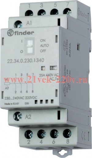 Контактор модульный 4NO 25А AgSnO2 230В AC/DC 35мм IP20 опции: мех. индикатор + LED FINDER 223402304