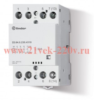 Контактор модульный 4NO 63А AgSnO2 230В AC/DC 53.5мм IP20 опции: мех. индикатор FINDER 226402304310